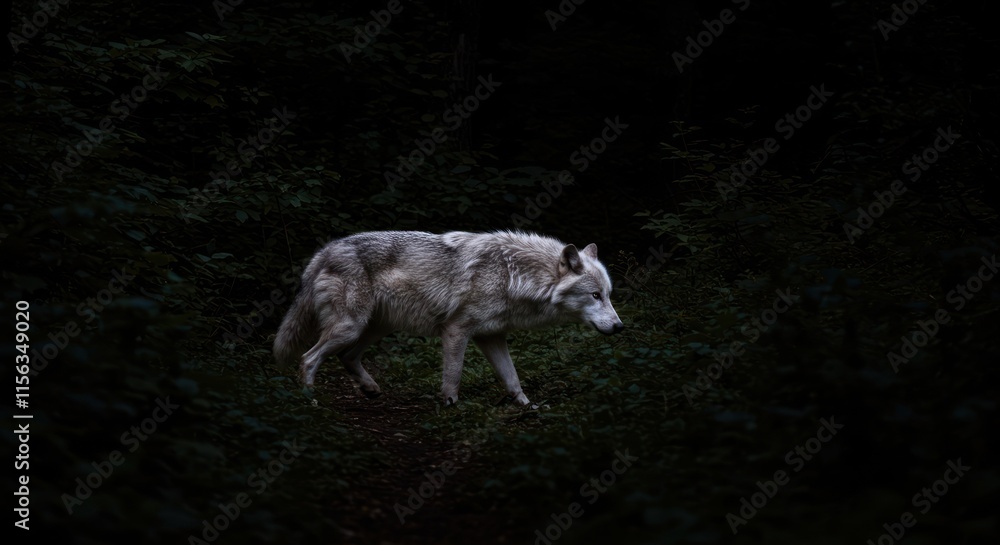 Fototapeta premium Arctic Wolf Walking Through Dark Forest at Night