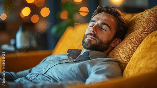 drunk businessman resting on sofa in living room 