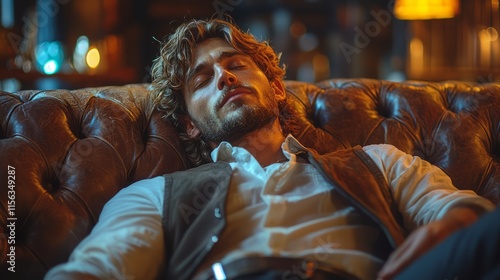 drunk businessman resting on sofa in living room 