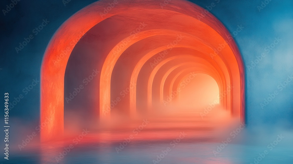 Fototapeta premium A surreal corridor with glowing arches and mist, creating a dreamlike atmosphere.