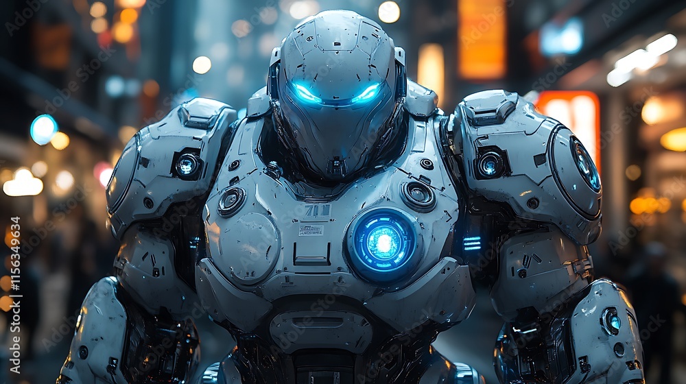 Futuristic Robot Strolling Through City Streets At Night Futuristic Robot Strolling Through City Streets At Night