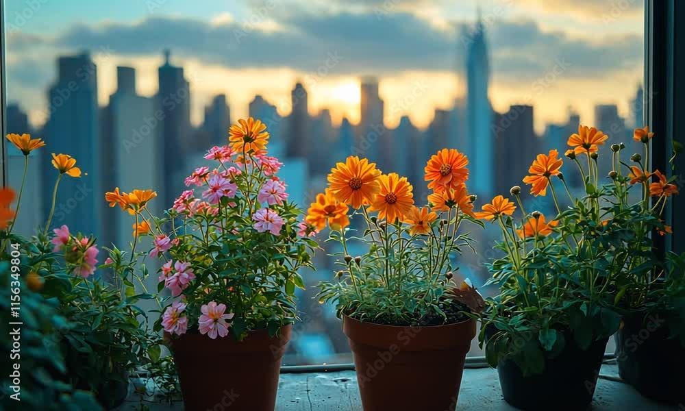 A vibrant display of flowers in pots against a sunset city skyline. A vibrant display of flowers in pots against a sunset city skyline.
