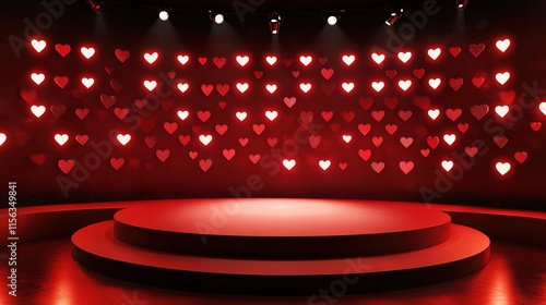 Valentine's Day Background with Floating Hearts on a Minimalist Podium Stage and Vibrant Red Backdrop.