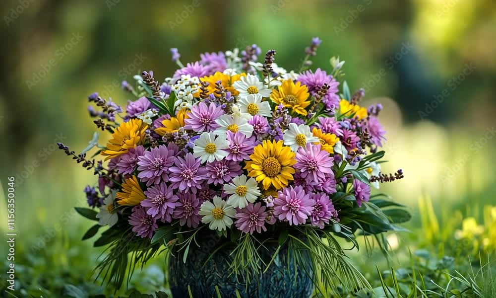 A vibrant bouquet of colorful flowers arranged in a decorative pot, set against a natural backdrop. A vibrant bouquet of colorful flowers arranged in a decorative pot, set against a natural backdrop.