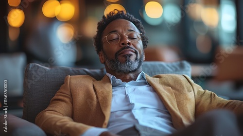 drunk businessman resting on sofa in living room