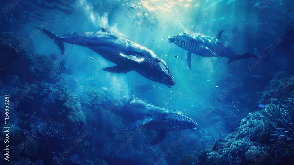 Naklejka premium Three majestic whales swimming through a vibrant underwater ecosystem.