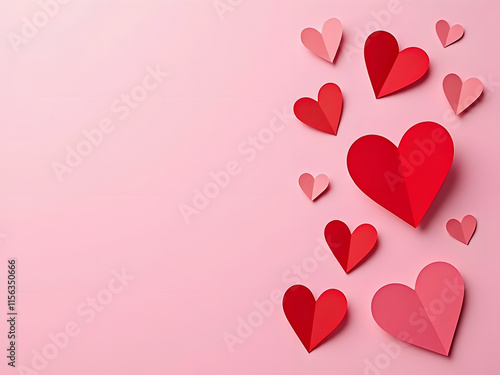 Valentines day flat lay. Stylish pink and red hearts composition on pink paper background. Happy Valentine's day! Modern cute valentine hearts cutouts. Creative love background : Generative AI 