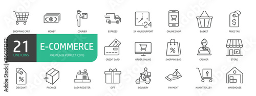 E-Commerce Line Icon Set. The set contains icons such as Shopping, Store, Payment, Discount, Shopping Cart, Package, Delivering, Courier and so on.