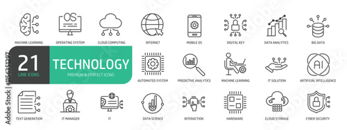 Information Technology Line Icon Set. Contains icons as Operating System, Data Analyzing, Big Data, Cloud Computing, Network Server, Artificial Intelligence, Machine Learning, Cyber Security.