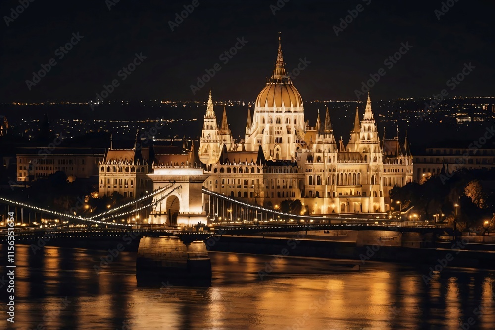 Fototapeta premium A nighttime view of a City illuminated with golden yellow lights, stretching majestically over the river