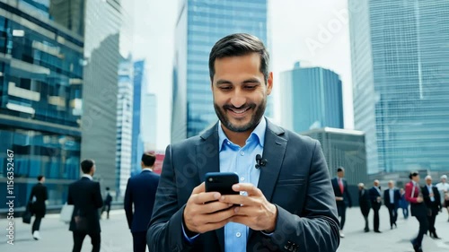 A smiling Caucasian businessman with a smartphone in the center of the city's business district. Good news. A smiling businessman connects with clients, bringing good vibes to the district.