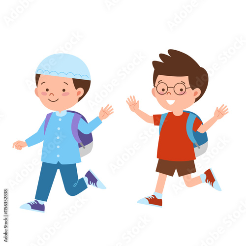 Two boys with backpack waving