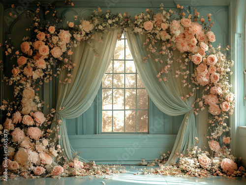 Wedding maternity engagement studio photo backdrop banner background with soft green mint turquoise delicate rustic flowers and dreamy romantic curtains