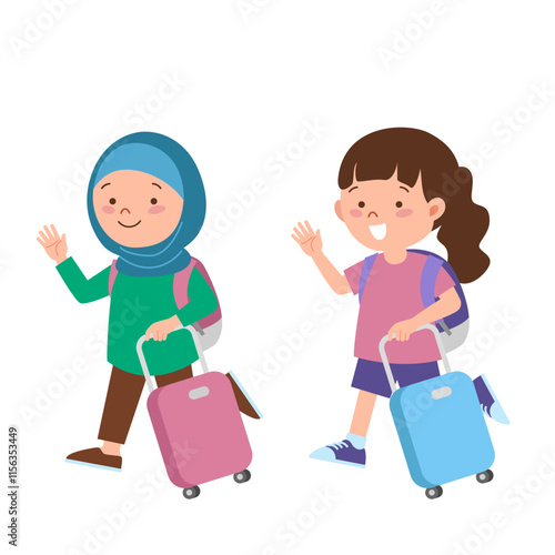 Two girls waving and bring a suitcase