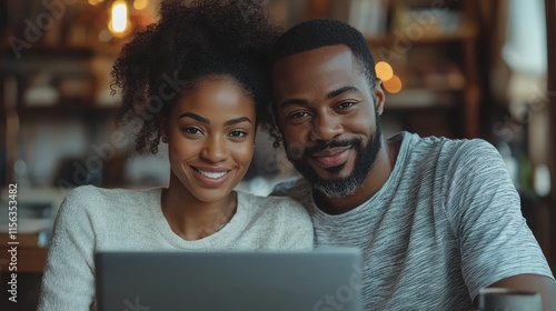 Happy young family couple managing household budget, enjoying planning investment, 