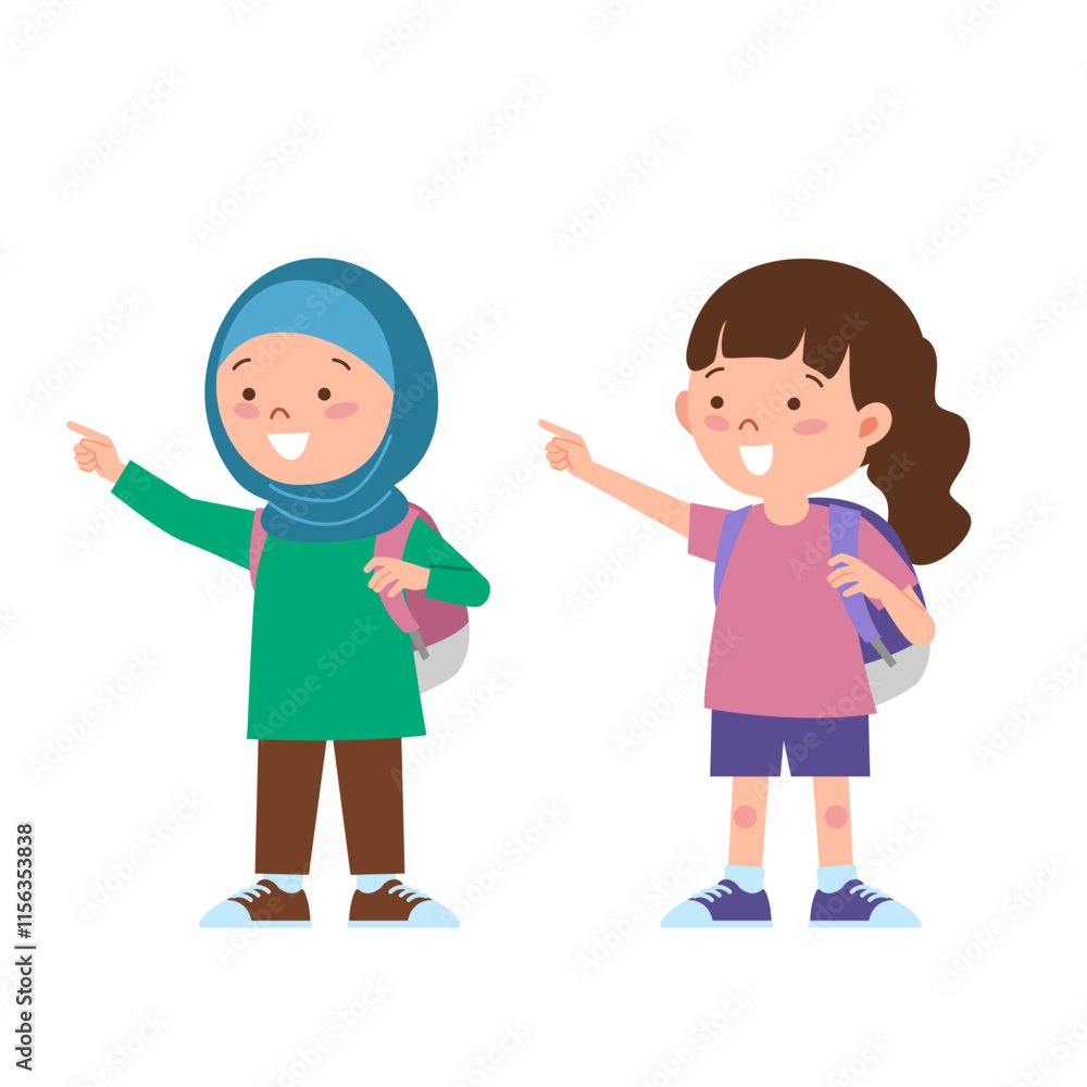 Two girls with backpack pointing at something Two girls with backpack pointing at something