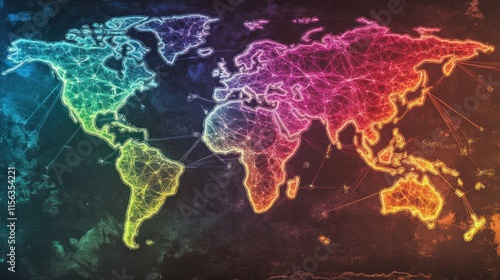 Glowing rainbow world map with interwoven luminescent thread connections, vibrant artistic design photo