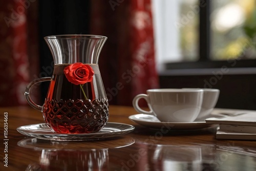 An antique glass filled with a clear black drink like wine, ready to celebrate. photo