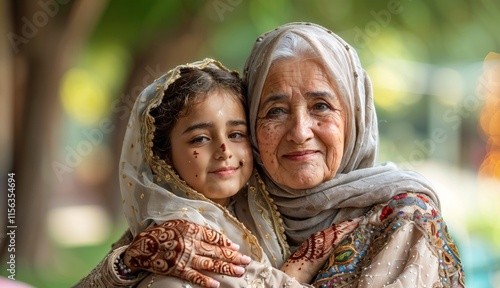 Caring embrace between grandmother and granddaughter in traditional attire