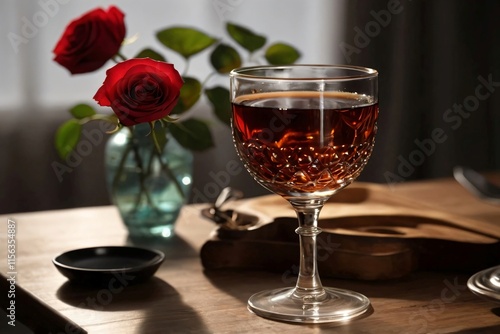 An antique glass filled with a clear black drink like wine, ready to celebrate. photo