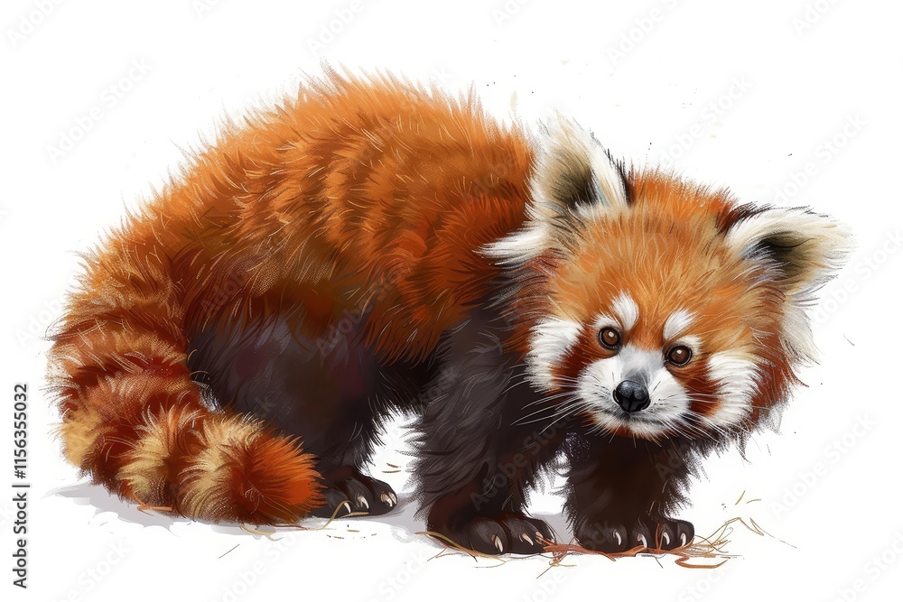 A red and white panda bear is standing on a white background. The bear has a black nose and is looking at the camera A red and white panda bear is standing on a white background. The bear has a black nose and is looking at the camera