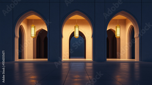 A minimalist perspective of a mosque s arched windows  glowing from inside with lantern light