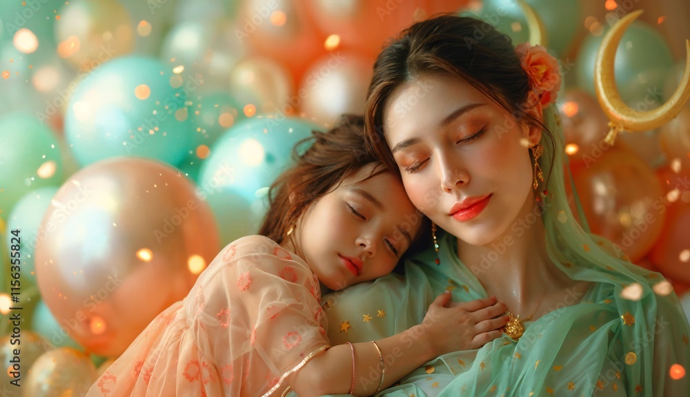 Warm Embrace of a Muslim Mother with Adorned Child in Vibrant Setting Warm Embrace of a Muslim Mother with Adorned Child in Vibrant Setting