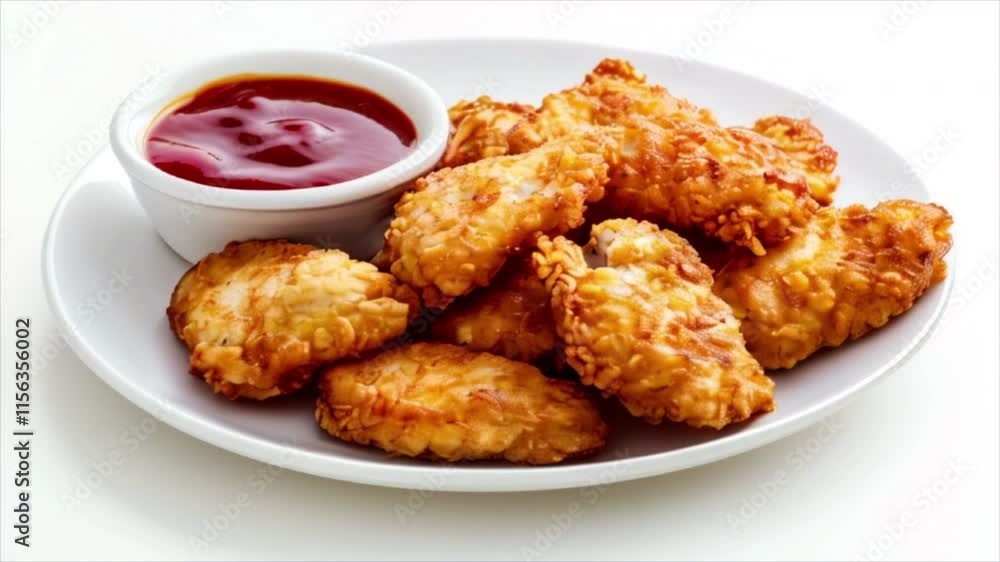 Fried breaded chicken tender strips with tomato ketchup sauce on white background. Crispy meat nuggets on the plate Fried breaded chicken tender strips with tomato ketchup sauce on white background. Crispy meat nuggets on the plate