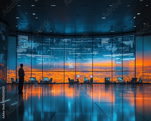 Airport staff member monitoring flight schedules on a digital screen in a control tower, futuristic design, cooltoned lighting, high resolution photo