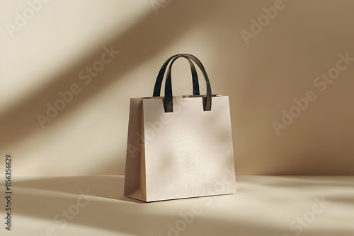 Stylish kraft paper bag with black handles on a neutral background, showcasing elegance and simplicity for packaging or retail use.