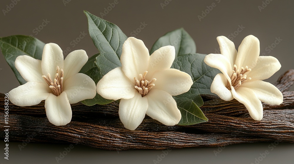 Vanilla Blossom with Pods and Leaves: A Botanical Display Vanilla Blossom with Pods and Leaves: A Botanical Display