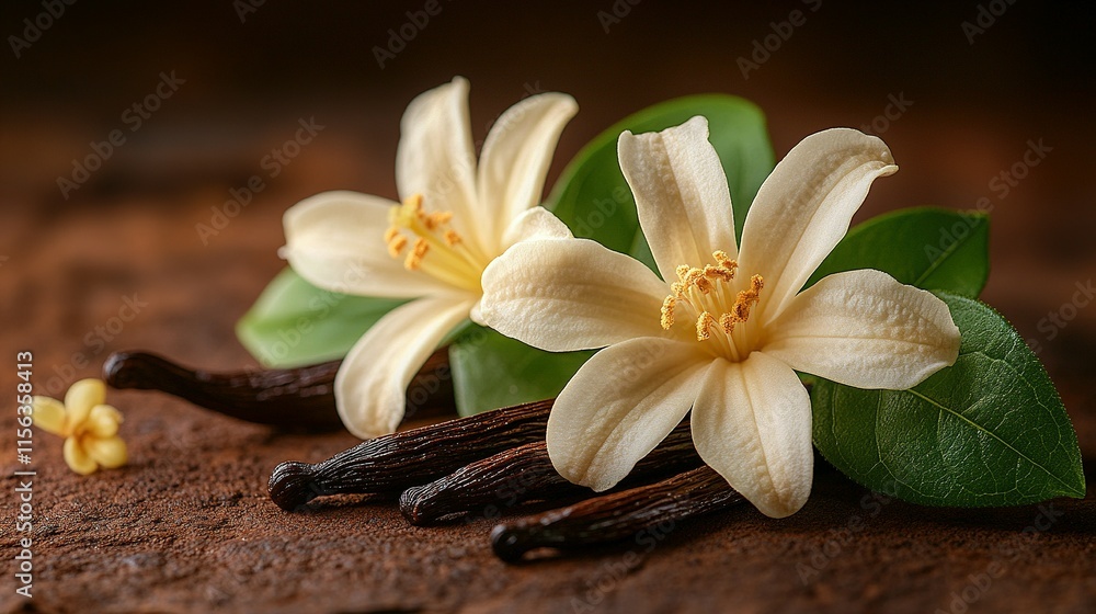 Vanilla Blossom with Pods and Leaves: A Botanical Display Vanilla Blossom with Pods and Leaves: A Botanical Display
