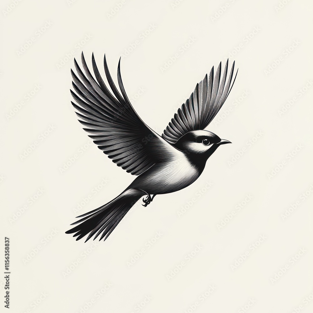 Naklejka premium Sketch of bird in flight, wings spread.