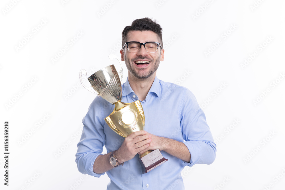 Happy successful businessman man hold champion cup business reward isolated on white