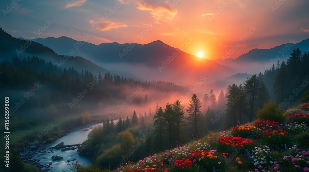 Fototapeta premium Spring Forest Mountain River in Sunrise