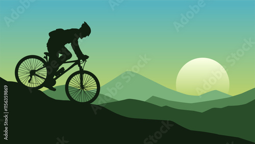 Landscape illustration of a mountain biker silhouette in the morning
