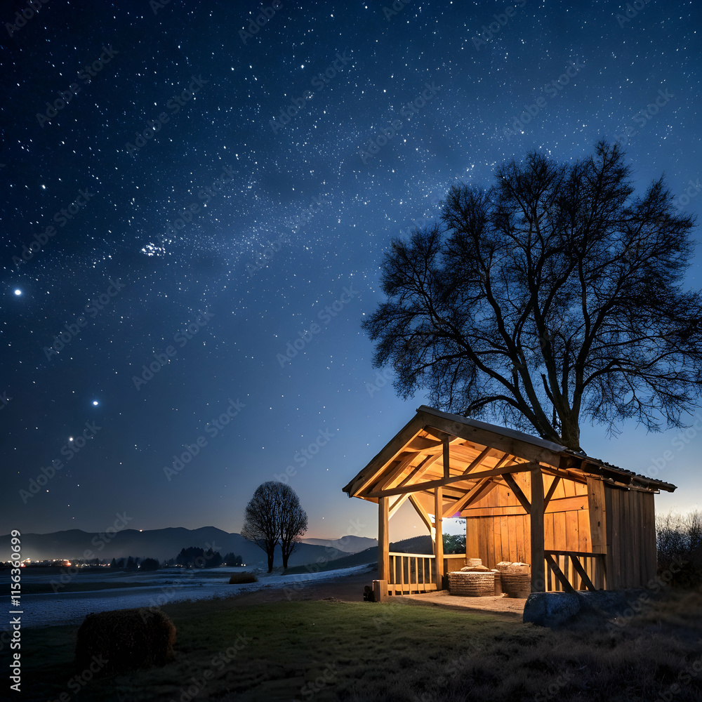 wooden stable hut in dark blue stary night view wooden stable hut in dark blue stary night view
