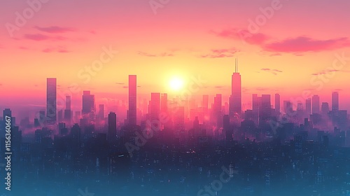 Cityscape Silhouette at Sunset Over Urban Skyline