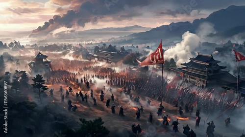 a battlefield during the Sengoku period, with samurai warriors clashing 