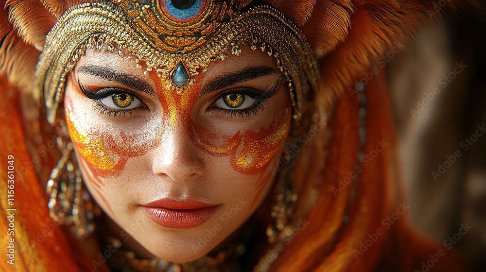 A close-up portrait of a person with vibrant face paint and elaborate accessories. A close-up portrait of a person with vibrant face paint and elaborate accessories.