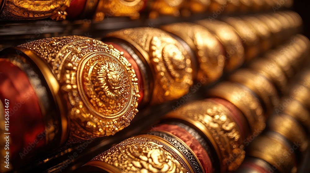 A close-up of intricately designed golden decorative objects arranged in a display. A close-up of intricately designed golden decorative objects arranged in a display.