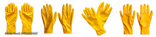 A pair of yellow rubber gloves isolated on transparent background, cut out