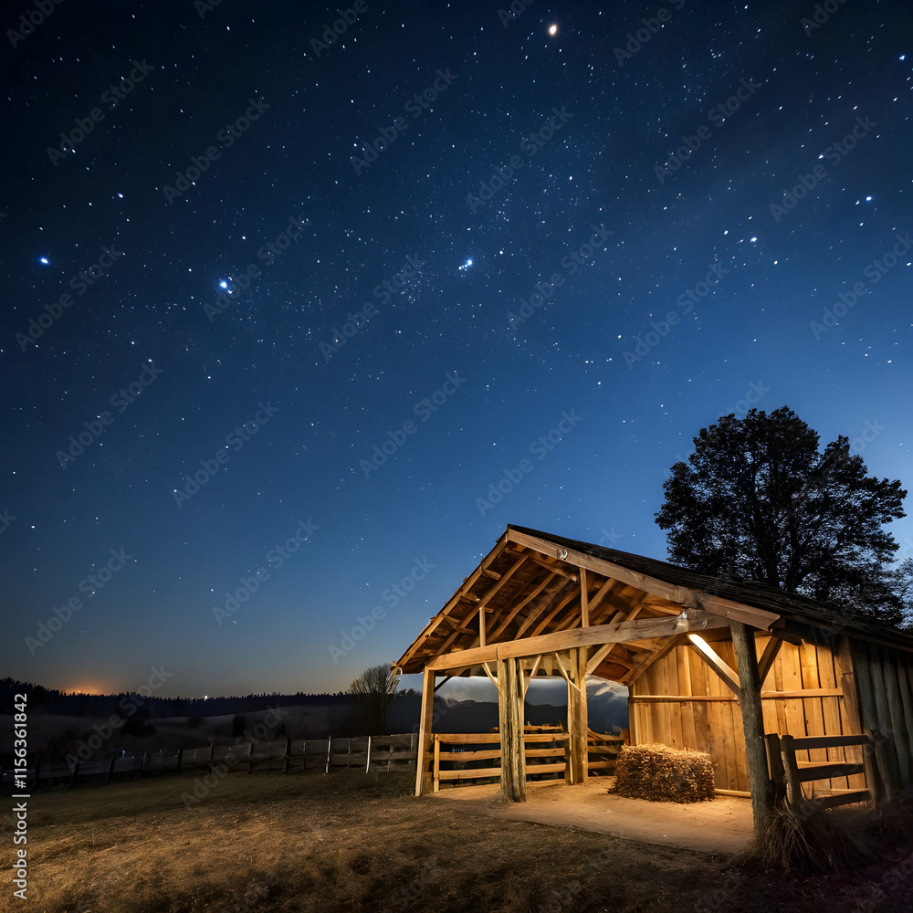 wooden stable hut in dark blue stary night view wooden stable hut in dark blue stary night view