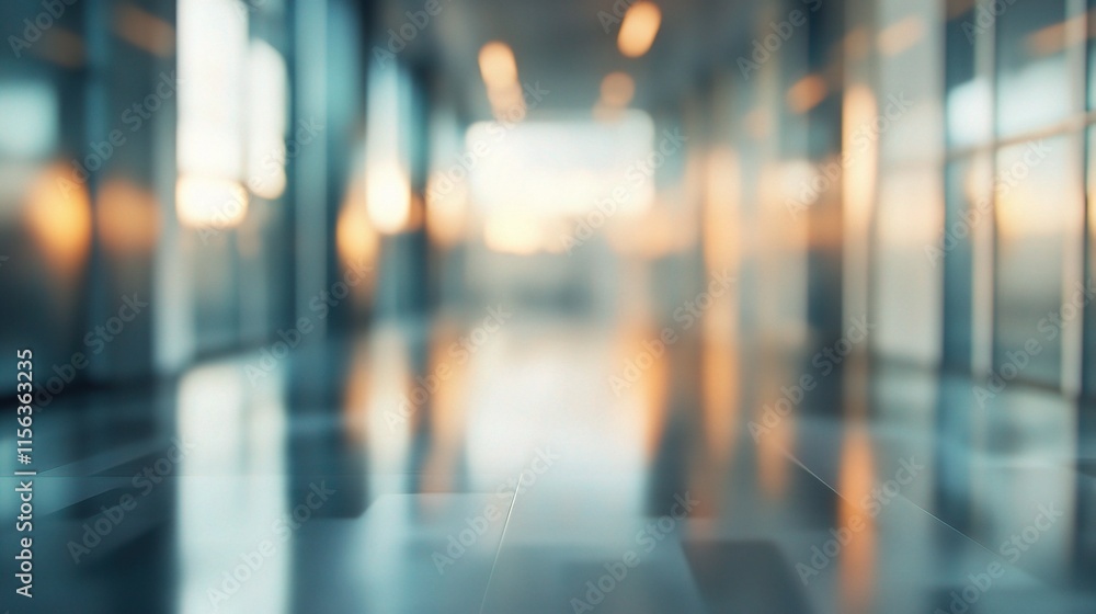 Fototapeta premium Blurred Modern Office Interior with Panoramic Windows and Soft Lighting