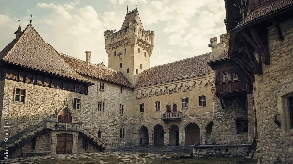 A majestic historical European castle features a large courtyard and towering stone walls, crowned by a grand tower. Nestled among rolling green hills, it evokes a sense of timeless grandeur