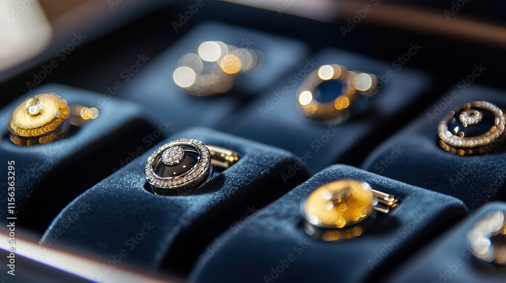 A close-up of luxury cufflinks in silver and gold, displayed on a velvet background in a glass case A close-up of luxury cufflinks in silver and gold, displayed on a velvet background in a glass case
