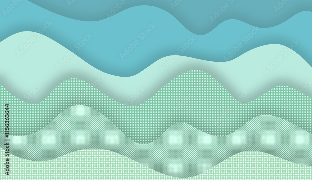 Obraz premium Wave layered digital artwork. Cozy artwork abstract illustrations. Green color digital prints for background and wallpaper. Seamless wiggle with shadow.