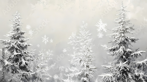 Foggy fir trees stand frostily against a grey winter sky, their branches etched in delicate lines as snowflakes swirl around them, winter wonderland, frozen foliage. Frostveil. Illustration photo