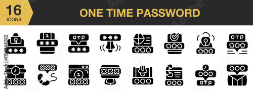 One Time Password solid icon set. Includes Device, Message, Mobile, Otp, Phone, Smartphone, and More. Solid icons vector collection.