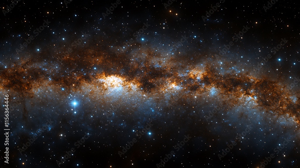 Obraz premium Panoramic image of the Milky Way galaxy, showcasing a wide, horizontal layout features a dense band of stars and cosmic dust stretching across the center, with a mix of bright and dark regions